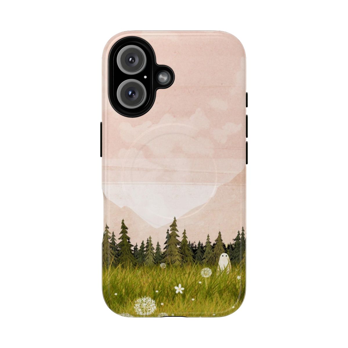 Magnetic tough phone case featuring a summer landscape design with mountains, forest, and meadow.