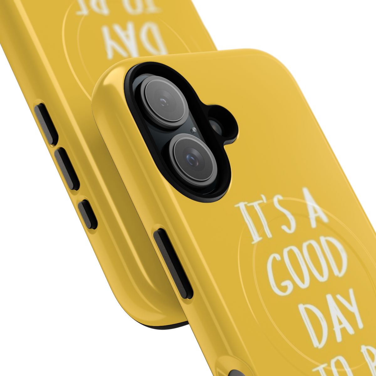 Vibrant yellow phone case with the text "It's a Good Day to Be Happy" in a bold, typographic design - Detail