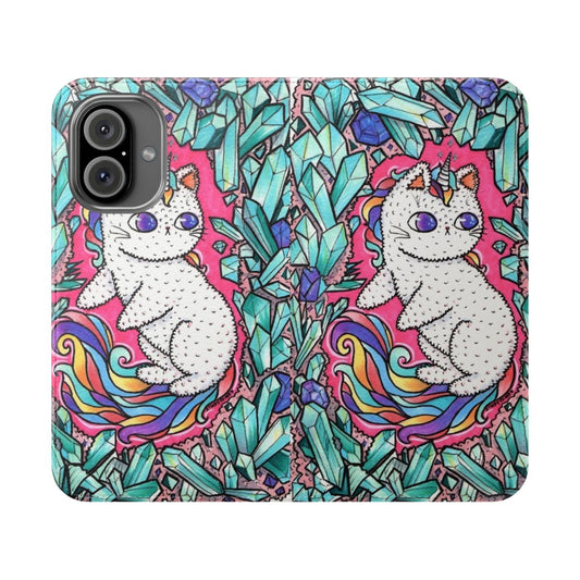 Colorful unicorn kitty-themed phone case with pastel rainbow crystals and design