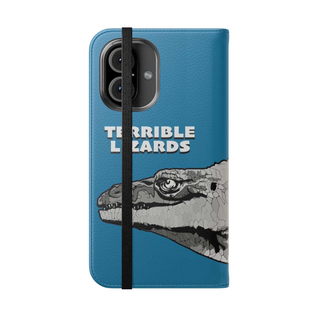 Flip cover phone case with a digital illustration of a dinosaur or other prehistoric animal. - Folded Front