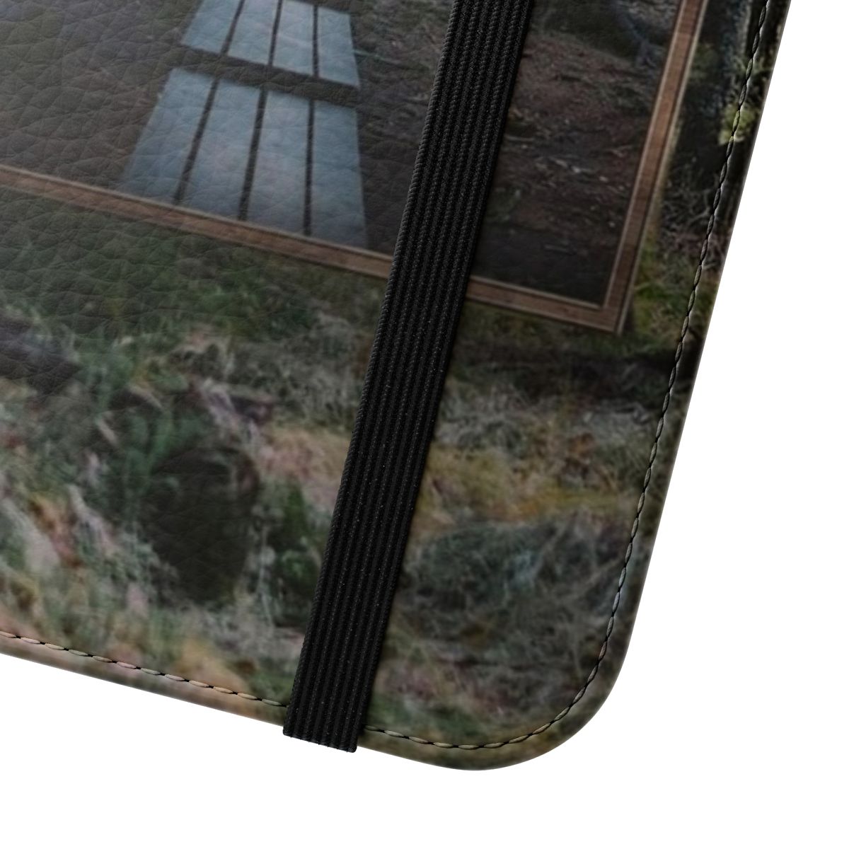 A nature-inspired collage art flip cover phone case with a mirror design - Close Up