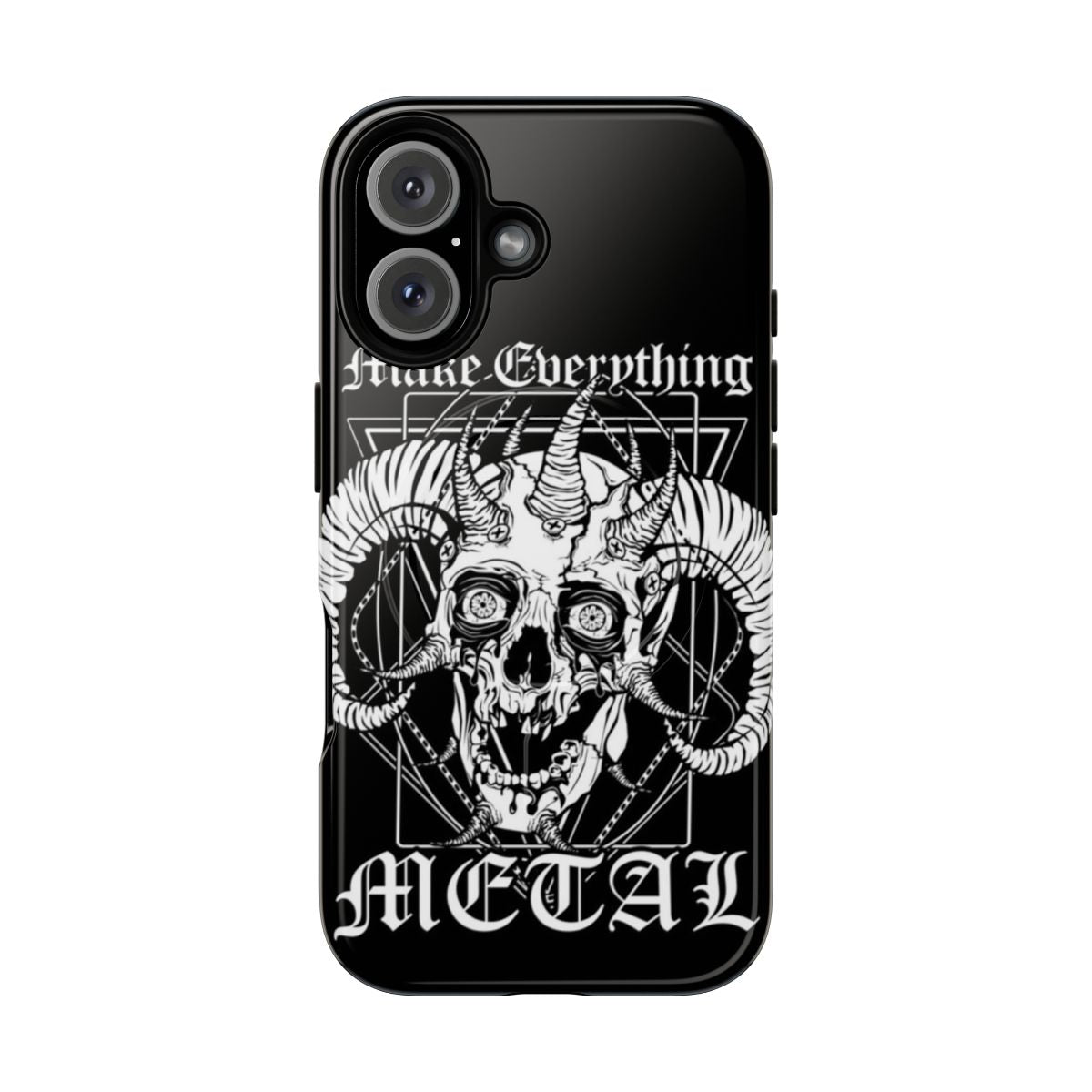 Tough metal magnetic phone case with skull and horns design inspired by the Metalocalypse cartoon series.