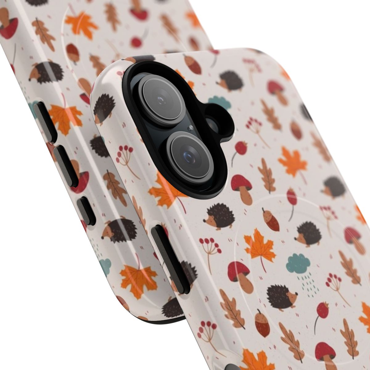 Autumn-themed phone case featuring a cute hedgehog design among leaves, mushrooms, and other natural elements. - Detail