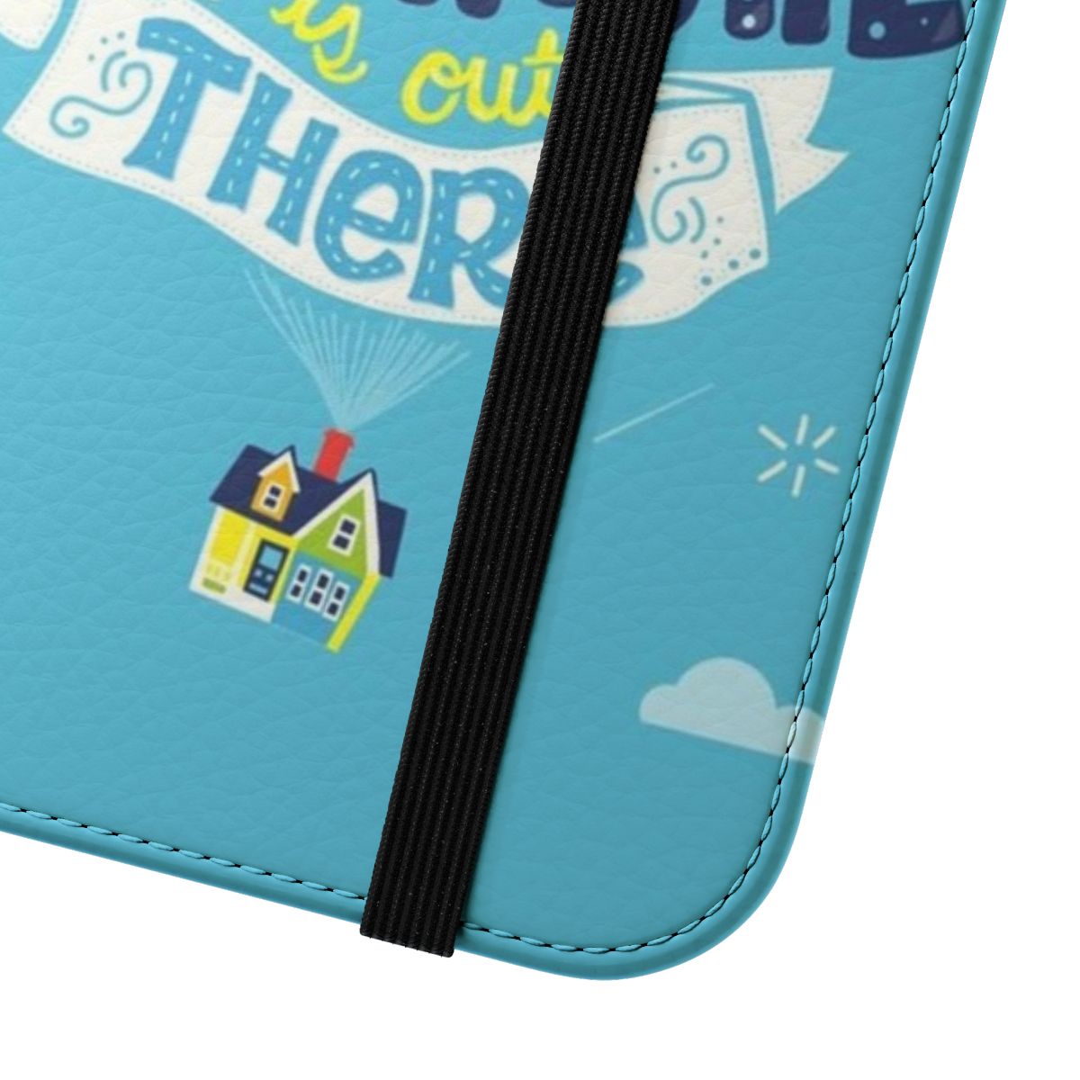 Flip cover phone case with "Adventure Is Out There" inspirational quote - Close Up