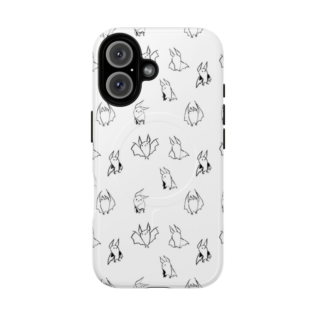 A black phone case with a design featuring many little cute bats.