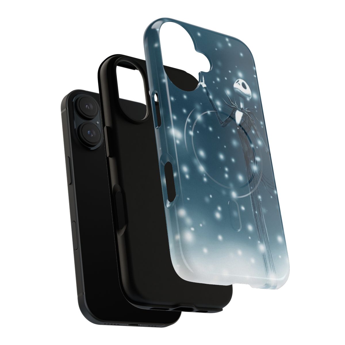 Magnetic tough phone case with a wintery landscape design featuring snow, snowflakes, and a dark silhouetted figure. - Layers