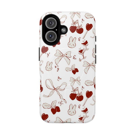 Aesthetic pink phone case with bows, ribbons, and cherries