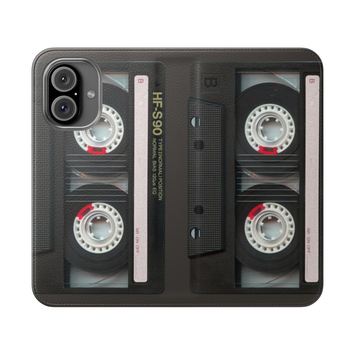 Retro cassette tape-style phone case with a flip cover design