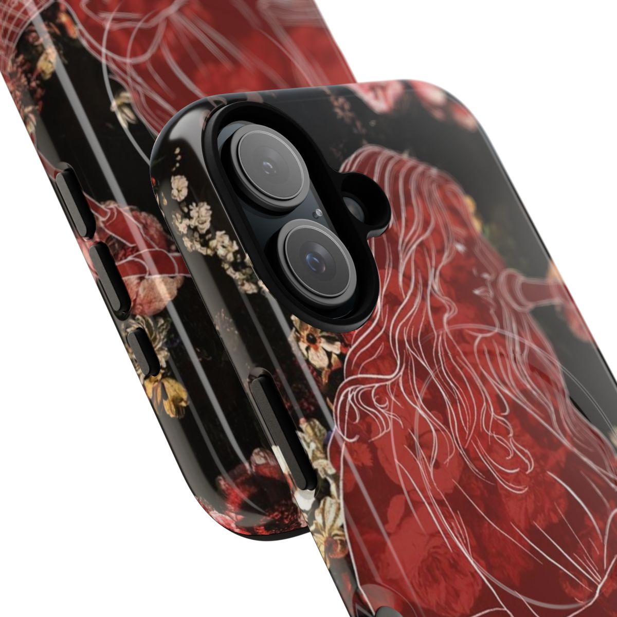 Colorful phone case with girl in red and rose flower design - Detail