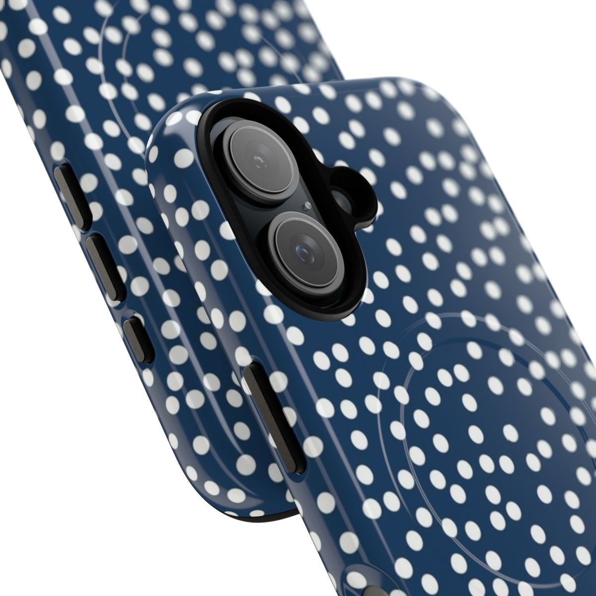 Petrol blue and white polka dot pattern magnetic tough phone case - Detail