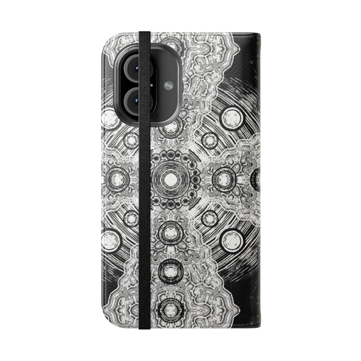 Psychedelic mandala pattern phone case with vibrant, trippy design - Folded Front