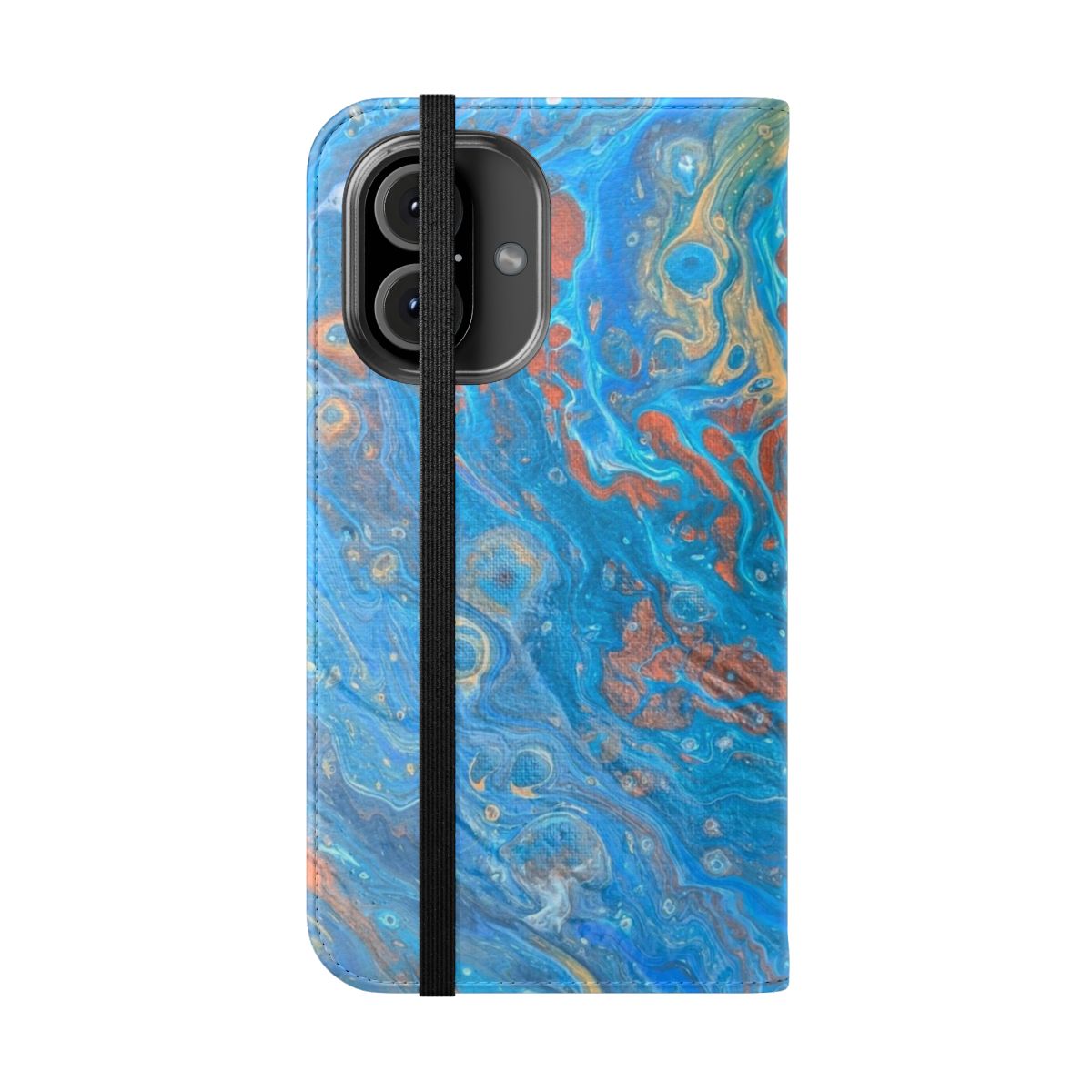 Handmade abstract art phone case with blue, copper, and gold acrylic paint design - Folded Front