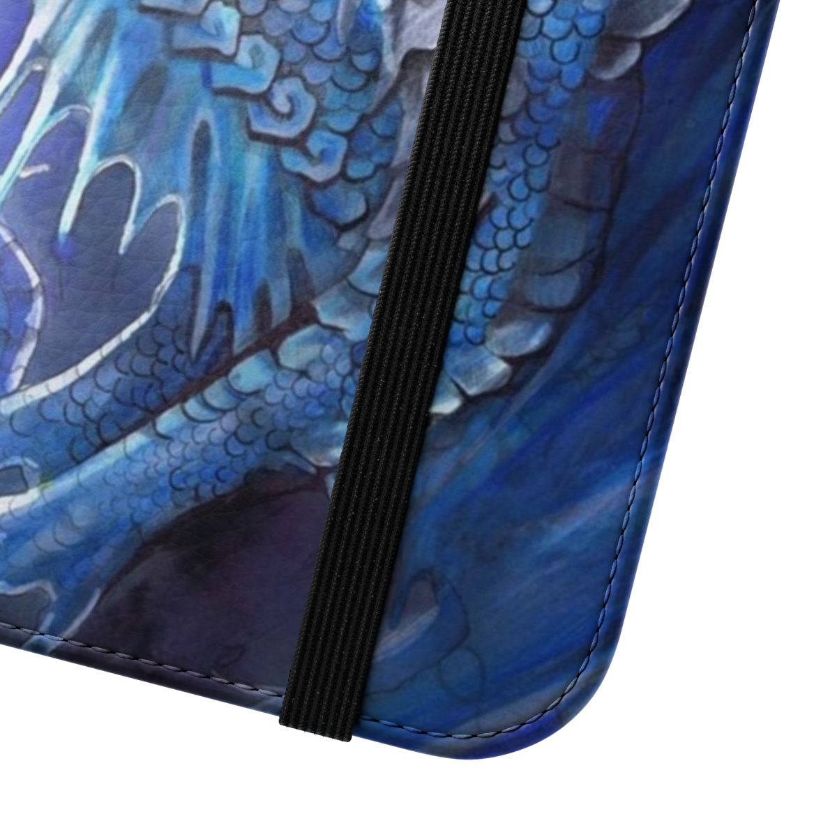 Vibrant blue dragon illustration on a flip cover phone case - Close Up