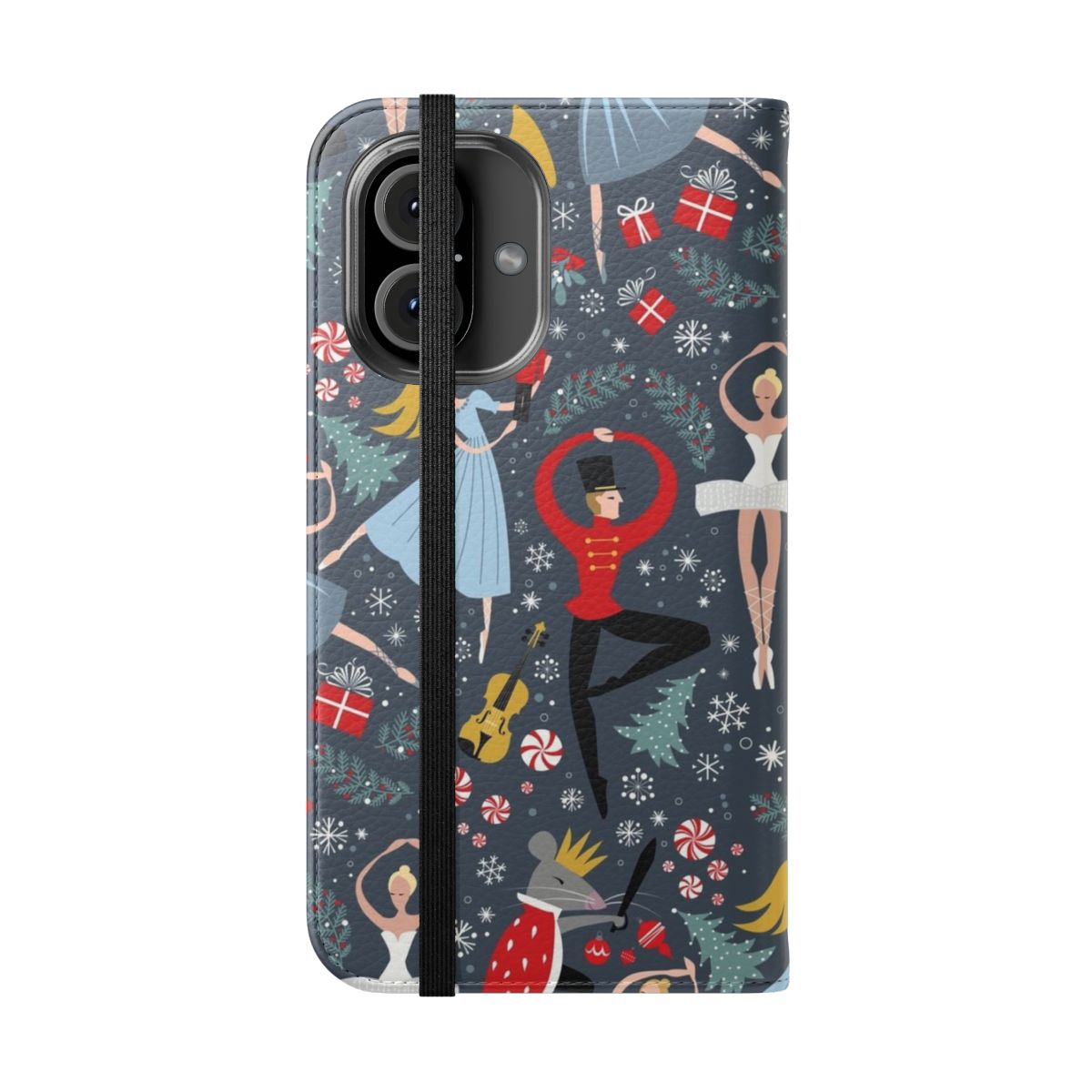 Flip cover phone case with a repeating pattern of the Nutcracker ballet dancers and characters by artist Robin Pickens. - Folded Front