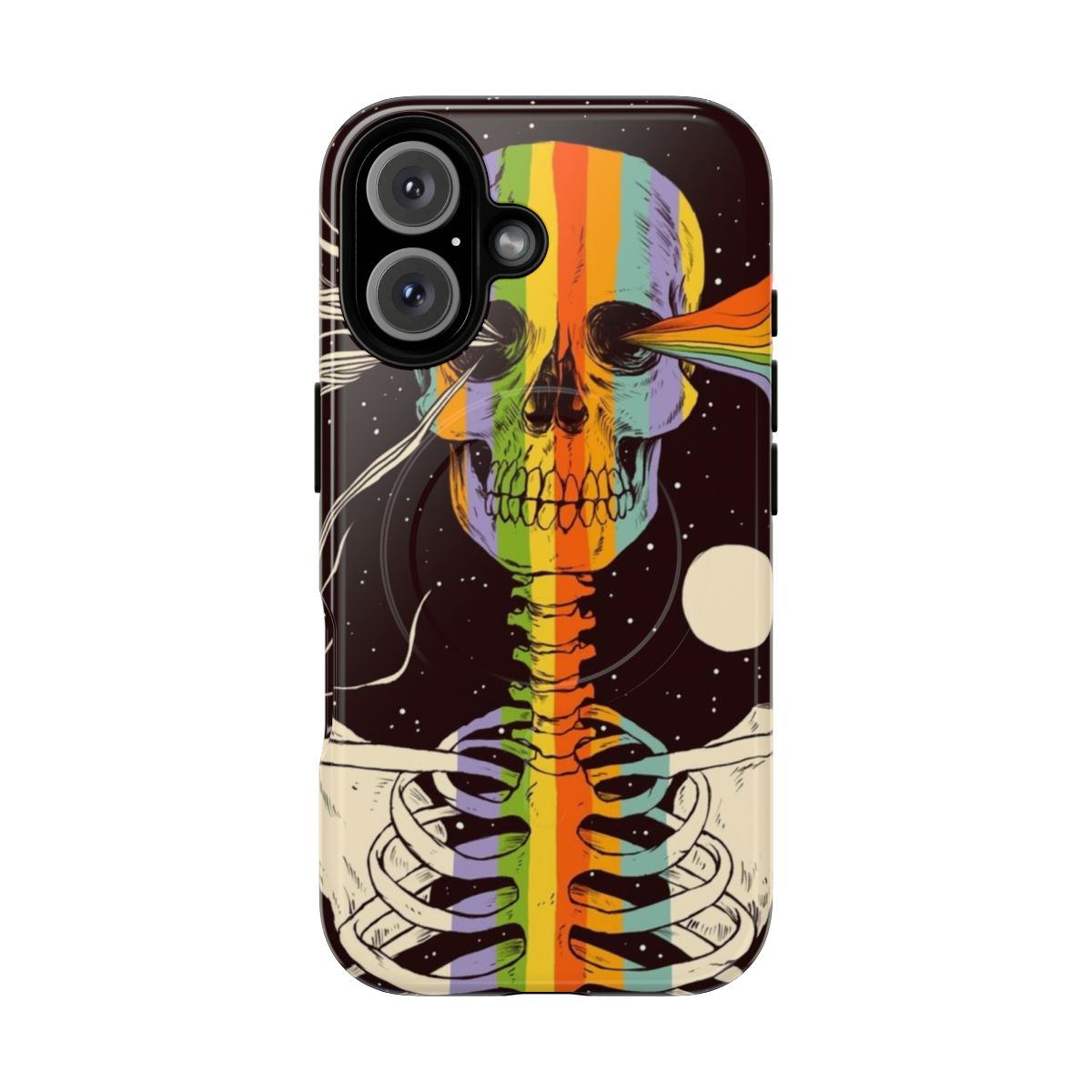 A surreal dark space art phone case featuring a skeleton and galaxy design