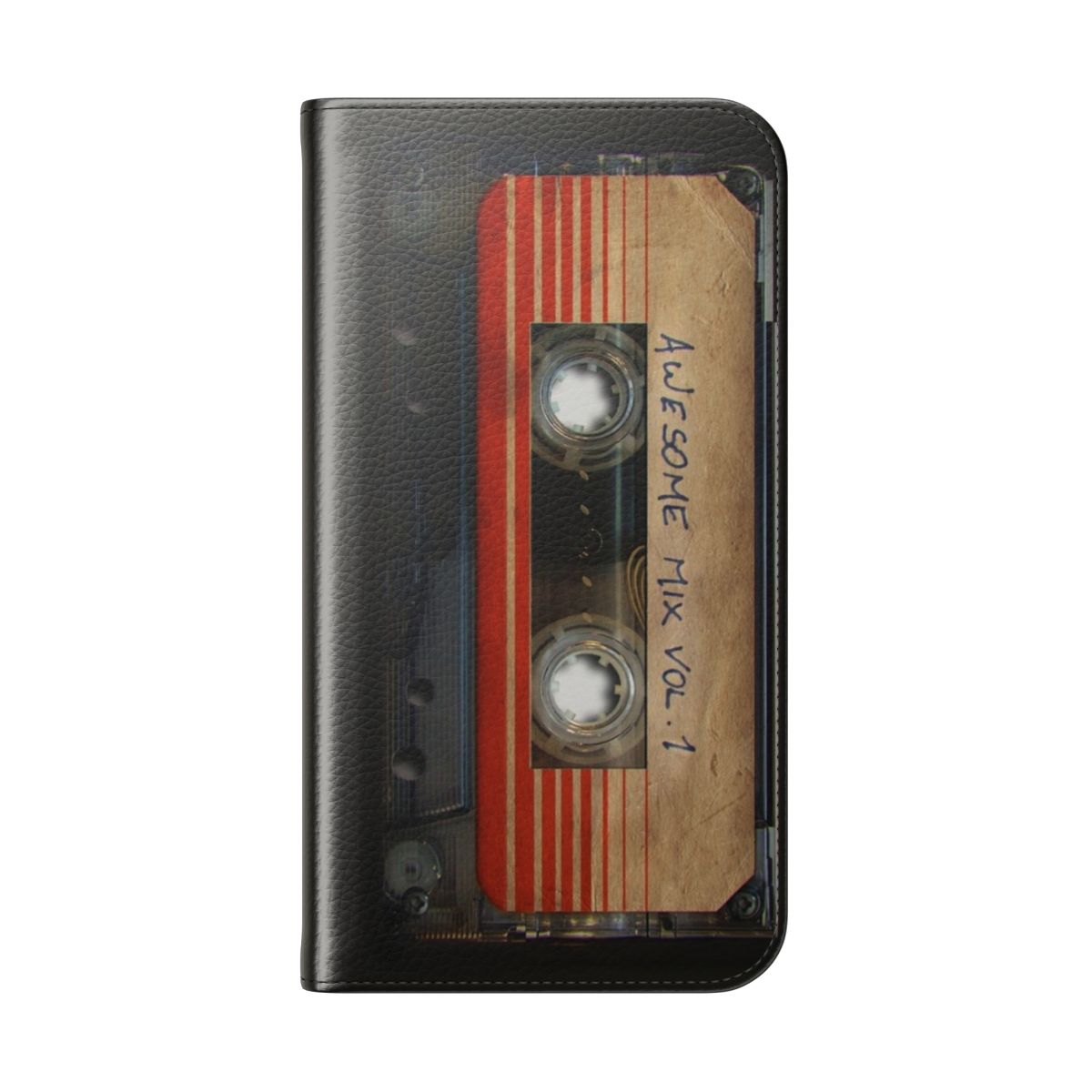 Retro-styled flip cover phone case with Guardians of the Galaxy "Awesome Mix" cassette tape design - Folded Back