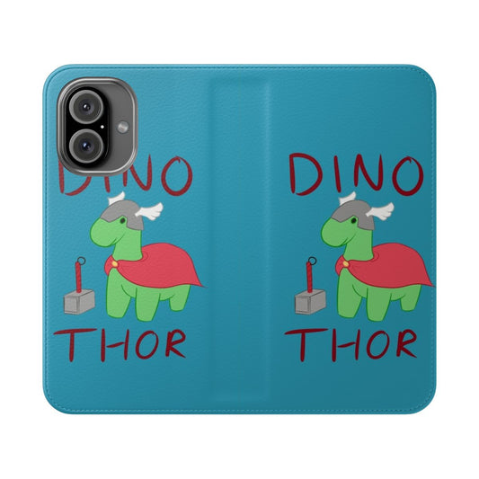 Dinosaur-themed phone case with Thor's Mjolnir hammer design