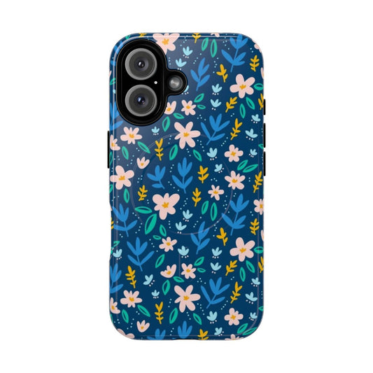 Colorful flowers on a deep blue background phone case with a magnetic tough design.