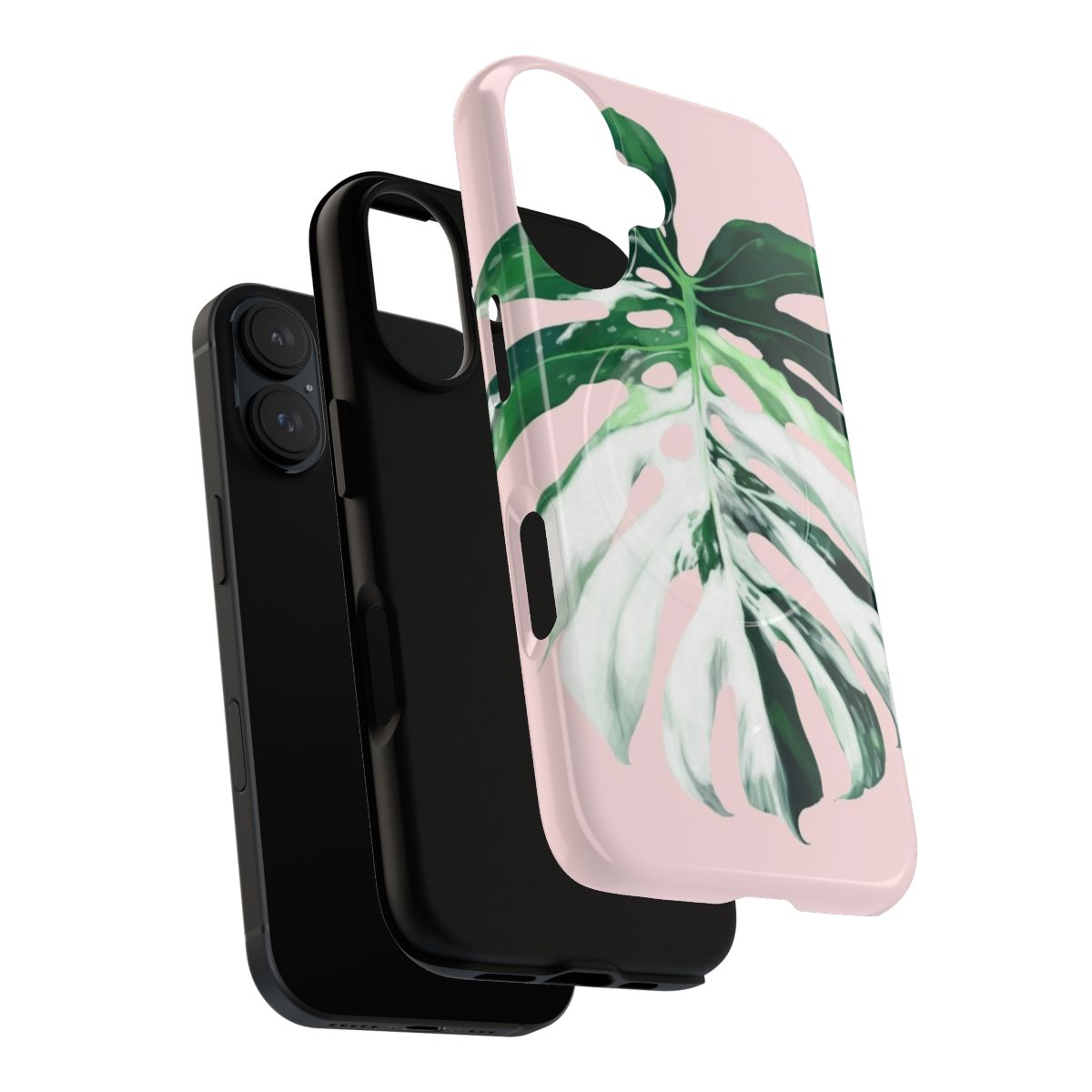 Colorful image of a variegated monstera albo borsigiana plant on a pink phone case - Layers