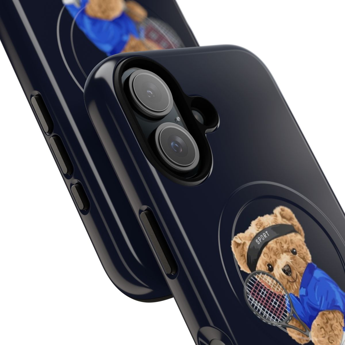 Cute bear tennis-themed phone case with magnetic closure and tough protection - Detail