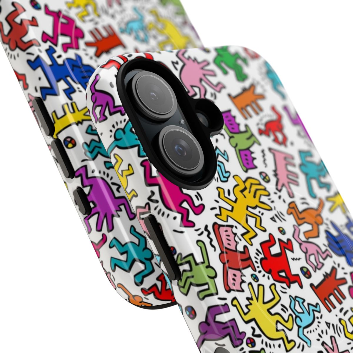 Phone case featuring a vibrant pattern inspired by the art of Keith Haring - Detail