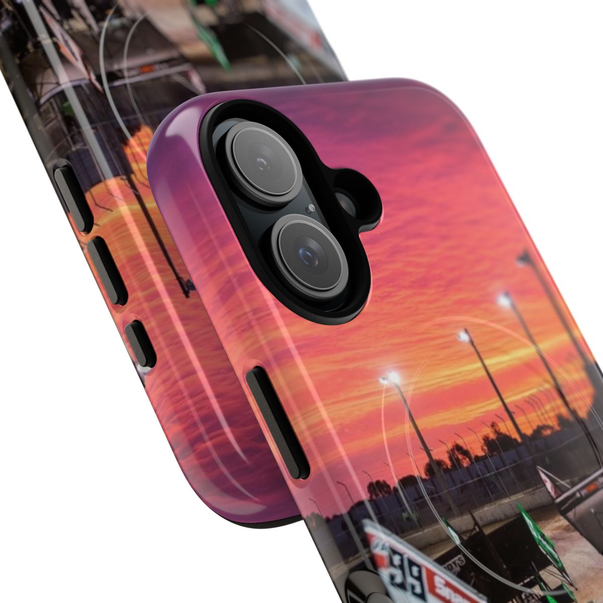 A magnetic tough phone case featuring a vibrant sunset over a speedway track, ideal for motorsports fans. - Detail