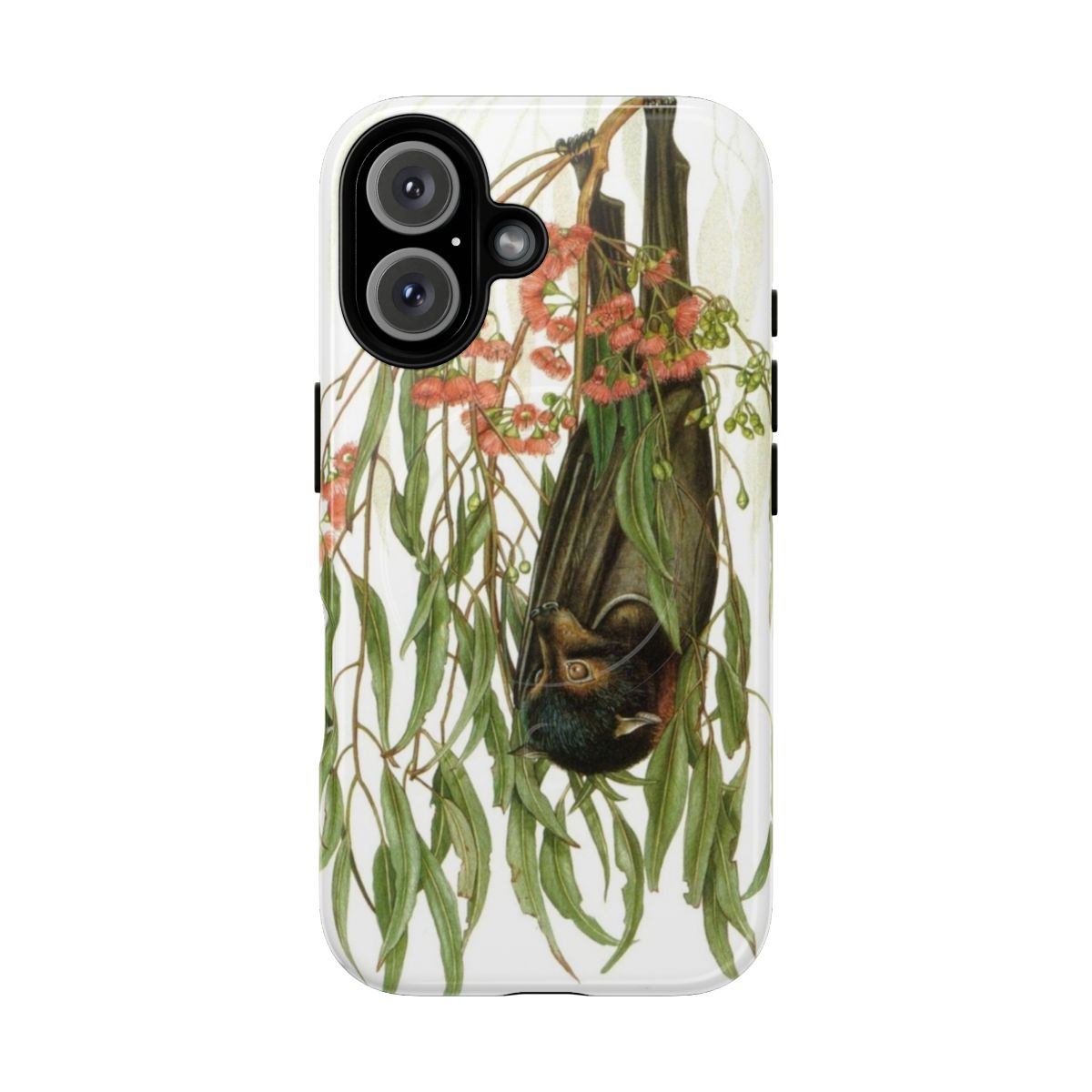 Closeup of a black flying fox or bat illustration on a black phone case