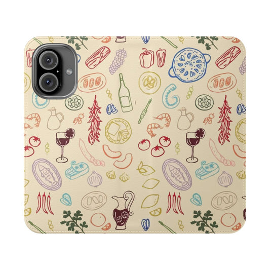 Colorful flip cover phone case with Amalfi coast-inspired Spanish pattern and fruit motif