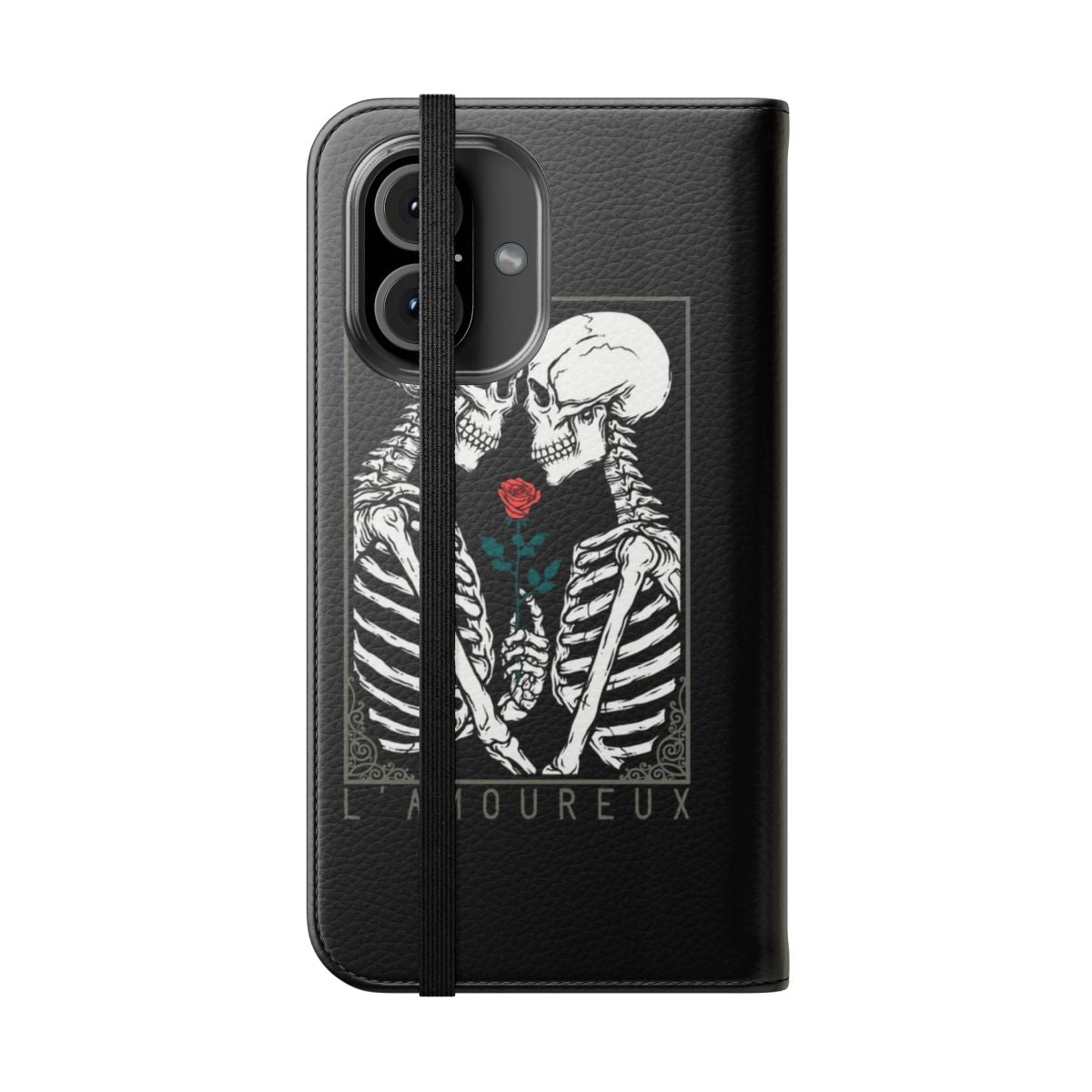 Tarot-inspired gothic phone case featuring the Lovers card design with a skull, flowers, and couple - Folded Front