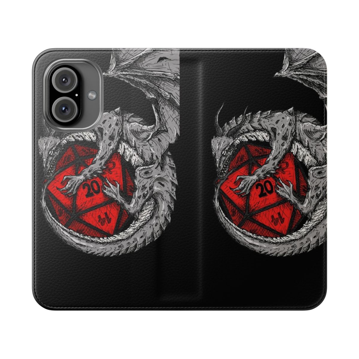 Silver and red flip cover phone case featuring a mythical dragon design, ideal for fans of Dungeons and Dragons and other tabletop role-playing games.