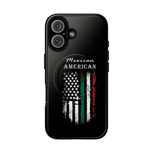 Vintage-inspired phone case featuring a design of the Mexican flag and American flag, celebrating Mexican-American heritage.