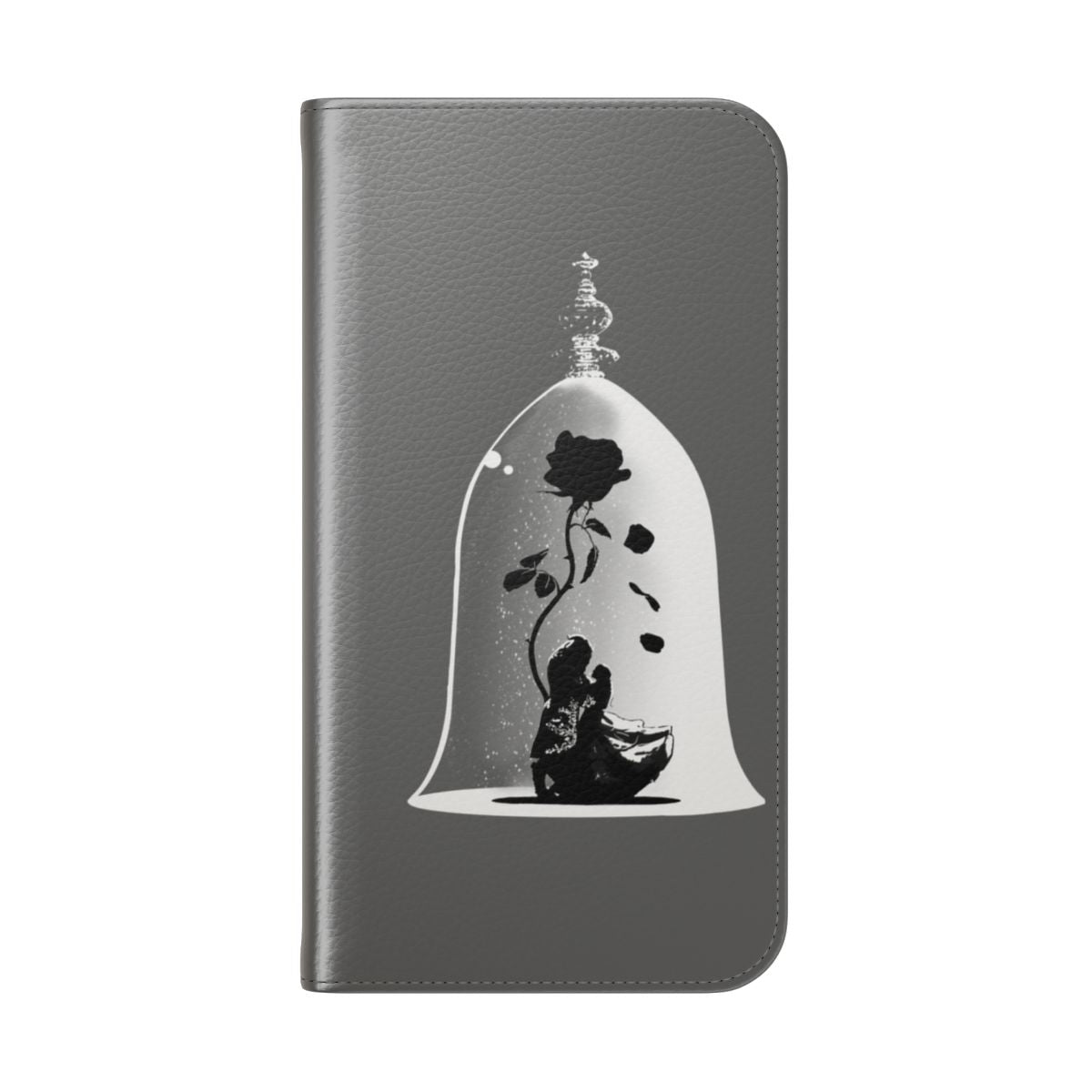 Flip phone case with a black and white digital art design featuring Beauty and the Beast characters dancing under a rose. - Folded Back