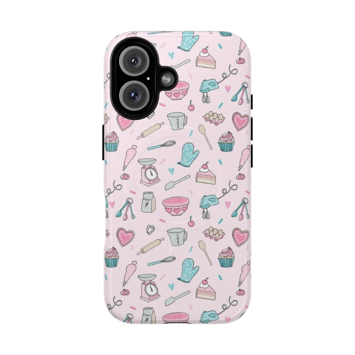 A pink phone case with a cute baking pattern design including spoons, bowls, and baking ingredients.