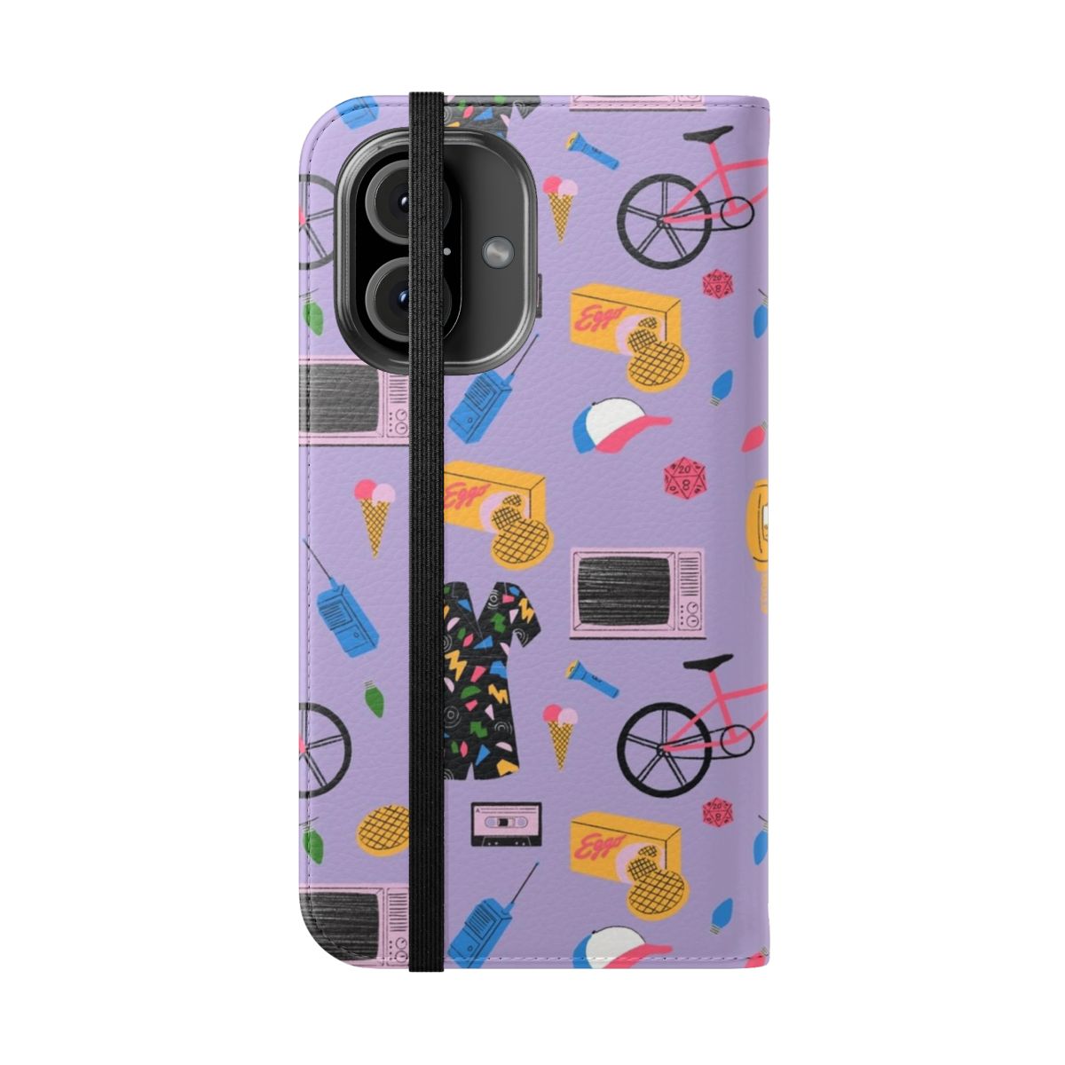 A stylish purple flip phone case featuring original Stranger Things artwork. - Folded Front