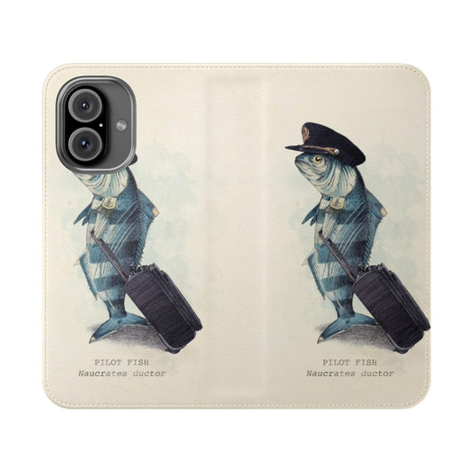 Vintage-inspired nautical-themed flip phone case with pilot fish design