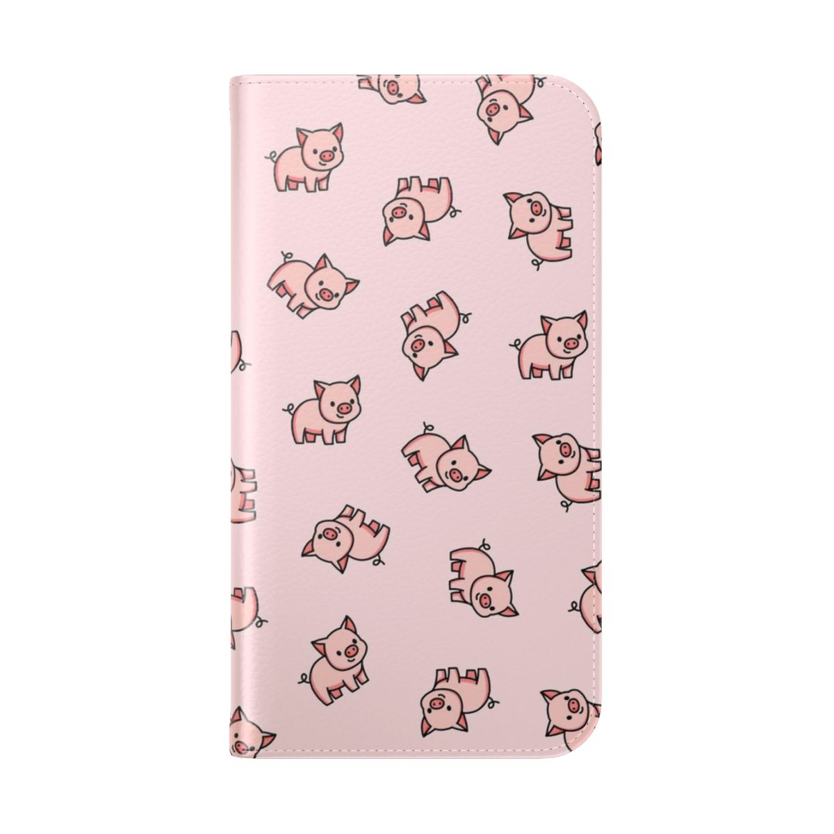 Closeup of a pink flip phone case featuring a cute cartoon pig design - Folded Back