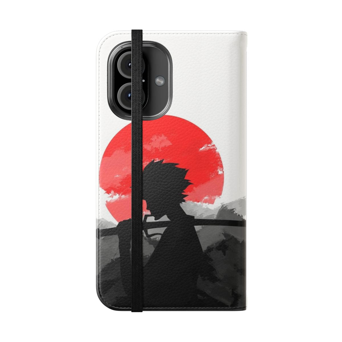 A colorful flip cover phone case featuring iconic characters from the anime "Samurai Champloo" set against a vibrant sunset backdrop. - Folded Front