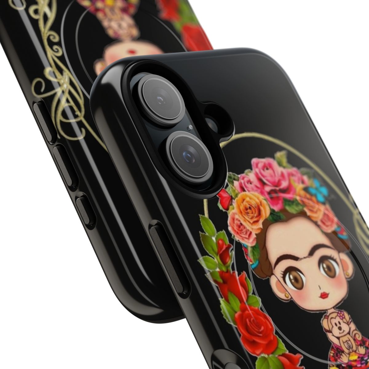 Vibrant floral phone case featuring the iconic portrait of Mexican artist Frida Kahlo - Detail