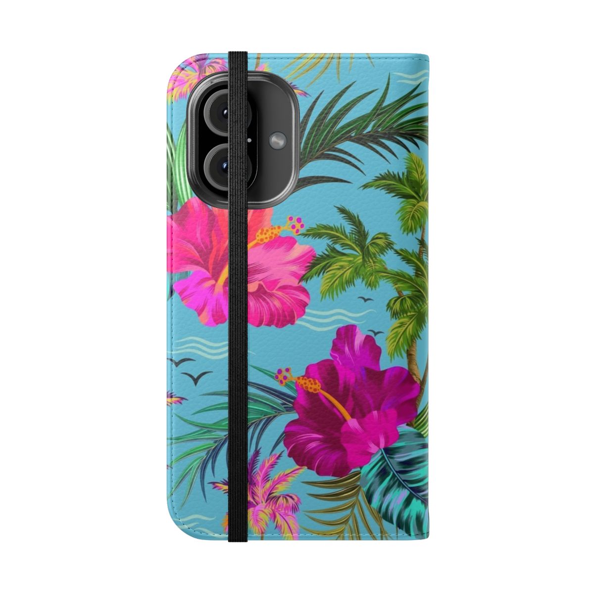 Tropical beach phone case with a stylish retro aloha pattern featuring flowers, leaves, and birds. - Folded Front