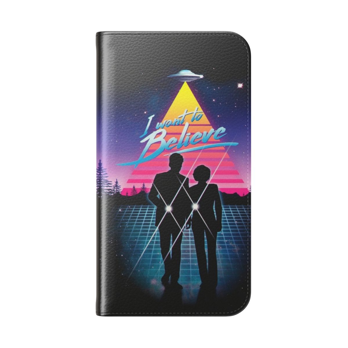 Retro-style "I Want to Believe" inspired flip cover phone case with X-Files theme - Folded Back