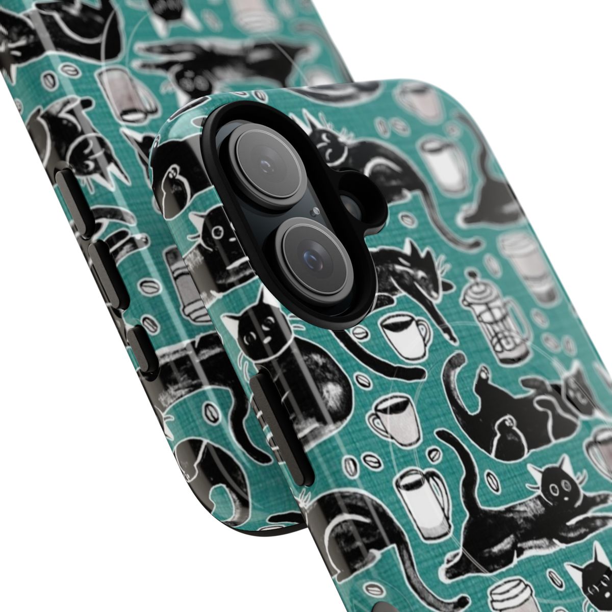 Black cats painted in gouache on a teal phone case with a repeating pattern - Detail