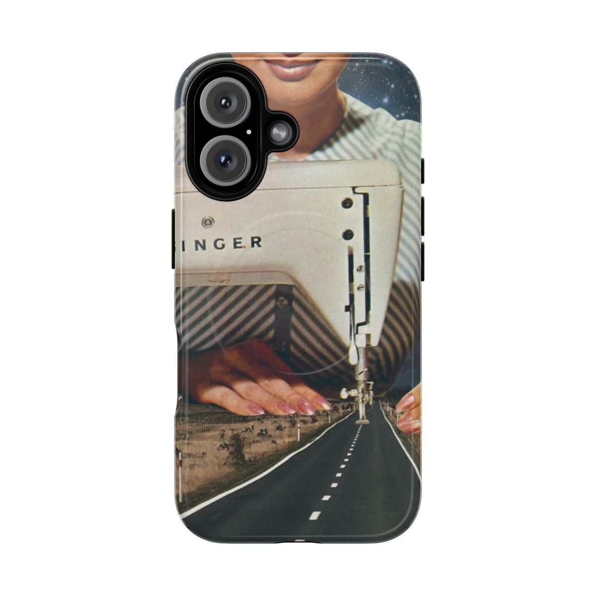 Surreal collage phone case featuring a sewing machine, road, and cosmic elements