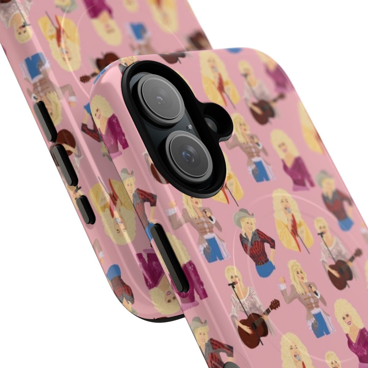 Retro magnetic phone case featuring a Dolly Parton inspired design in shades of pink and vintage patterns - Detail