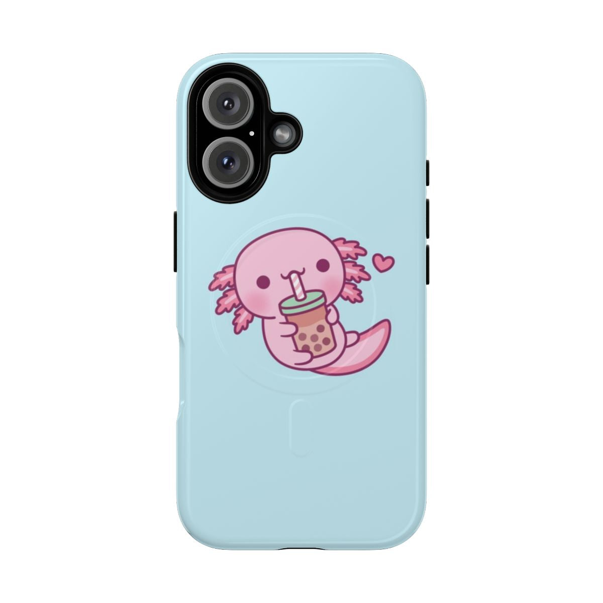 Cute illustration of an axolotl holding a bubble tea drink on a magnetic phone case.