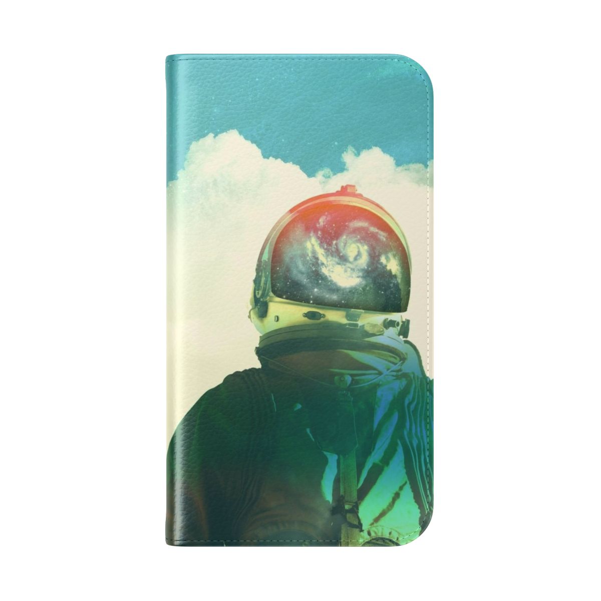 Flip phone case featuring a space-themed collage design with an astronaut, planets, and cosmic elements. - Folded Back