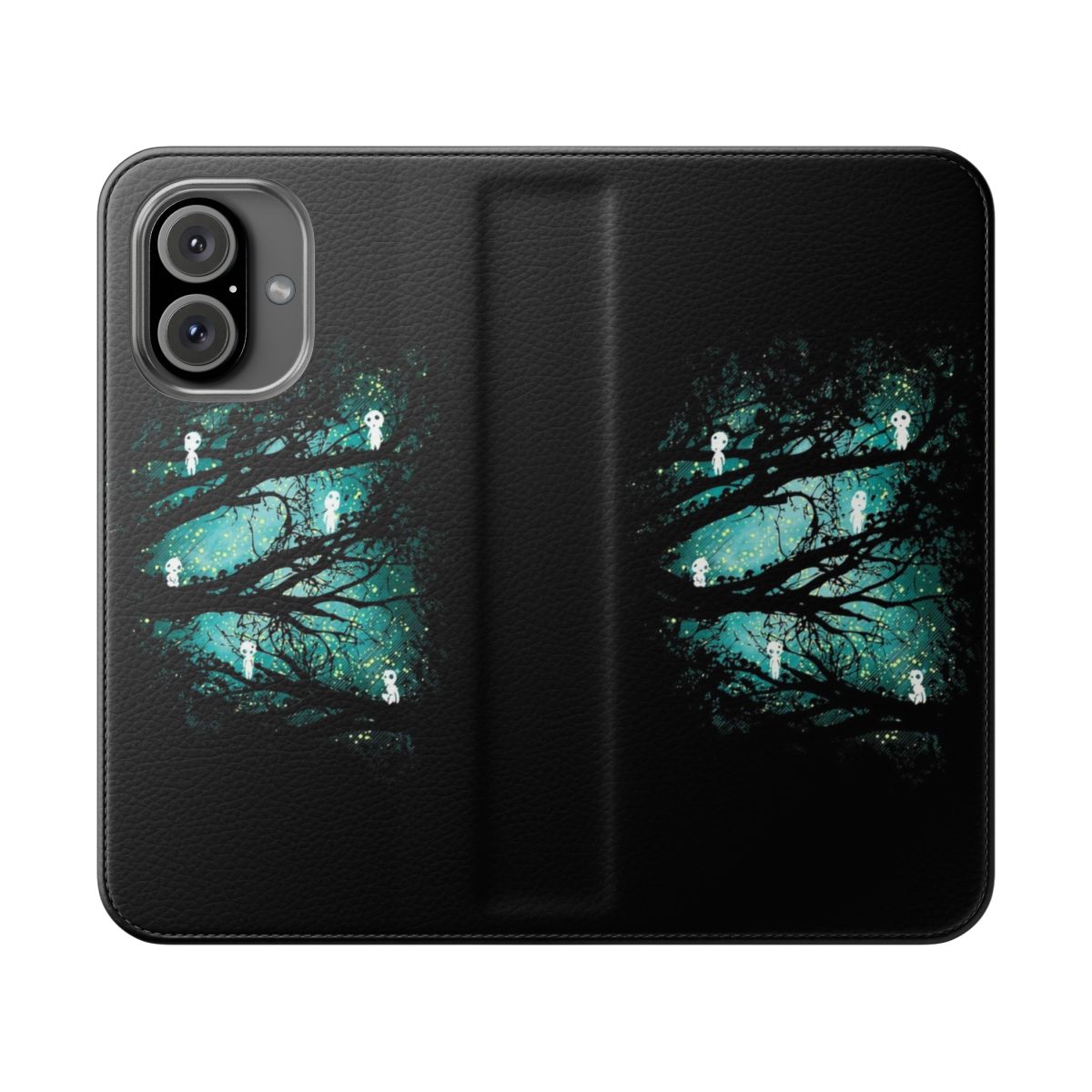 Flip cover phone case featuring a fantasy artwork of tree spirits