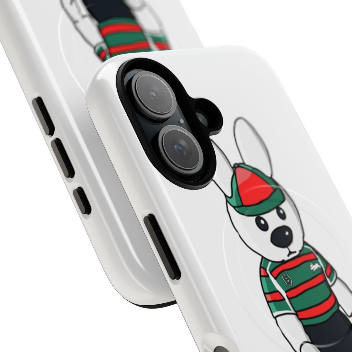 Magnetic tough phone case with an illustration of Reggie the Rabbit, the South Sydney Rabbitohs NRL mascot. - Detail