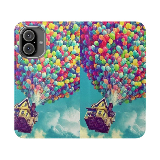 Whimsical flip phone case inspired by the Pixar film "Up", featuring a colorful house floating with balloons.