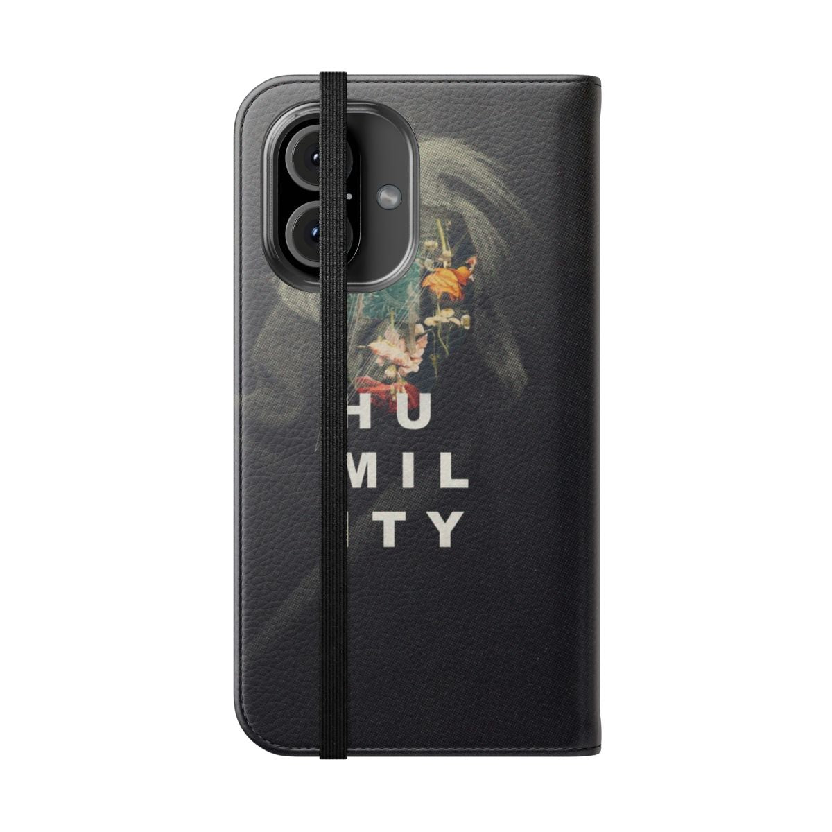 A flip cover phone case featuring a collage design with inspirational elements like flowers, vintage typography, and a man's portrait. - Folded Front