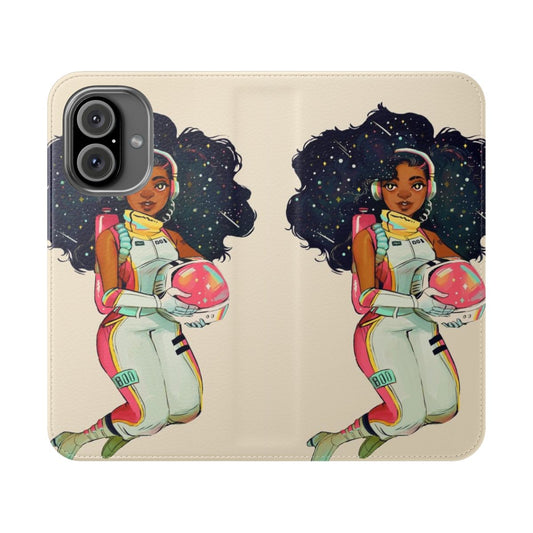 Stylish space-themed phone case with galaxy print and afro astronaut design